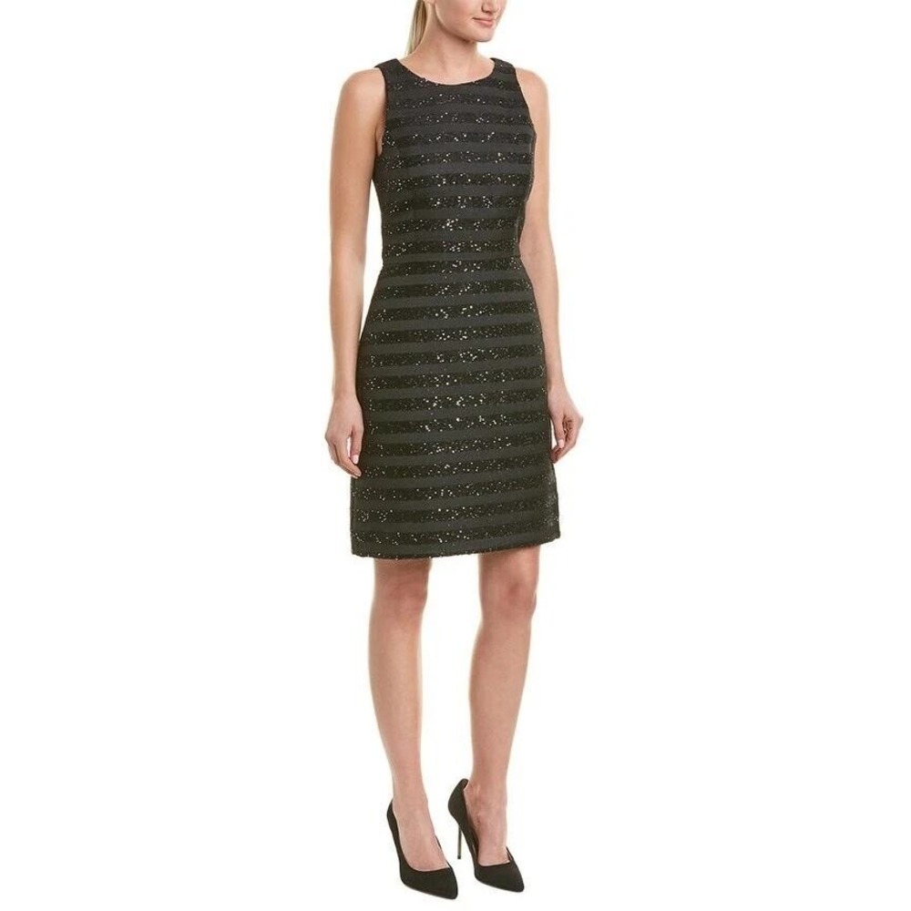 Brooks Brothers Black Sequin Striped Tweed Sheath Dress Size 8 Sleeveless Classy